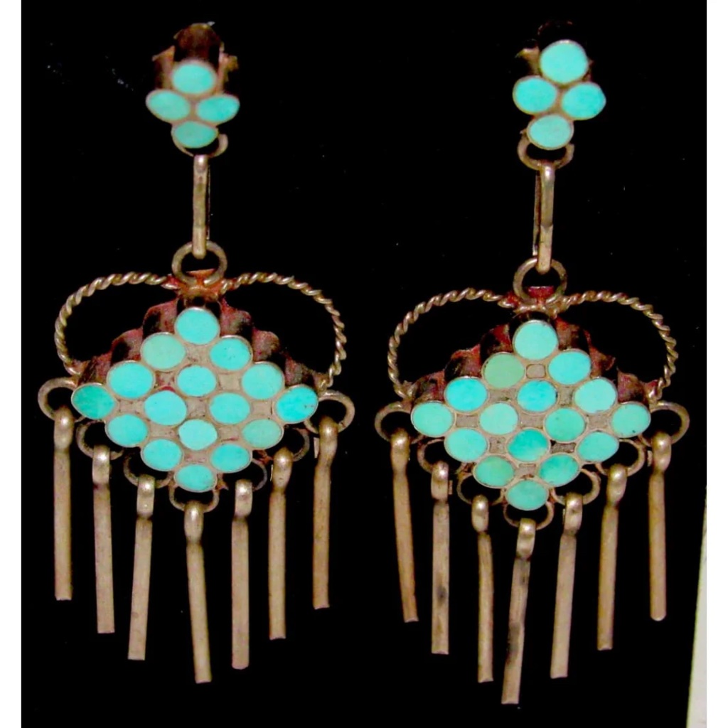 Vintage Zuni Dishta Style Inlay Turquoise Dangle Earrings Sterling Silver